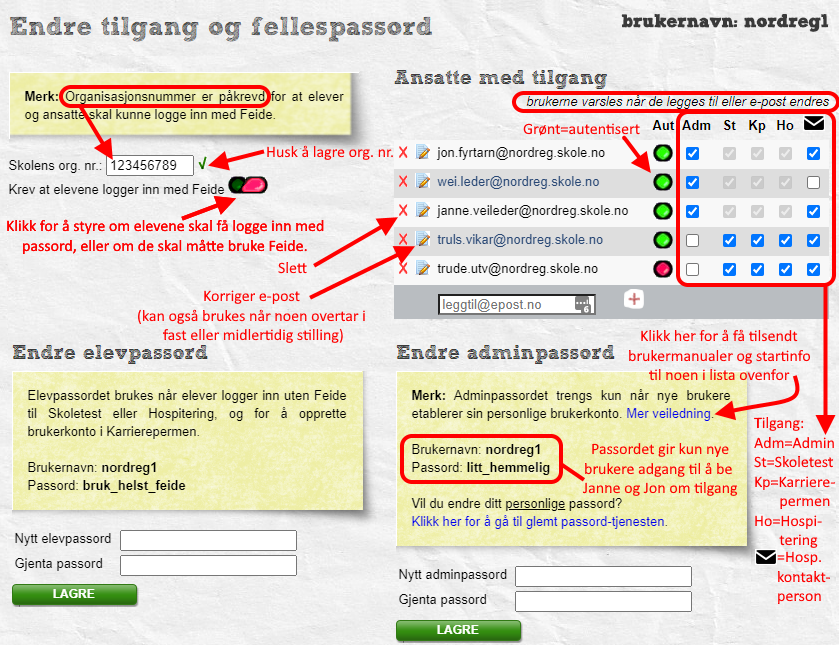 Skjermbilde for "Brukertilgang og passord"